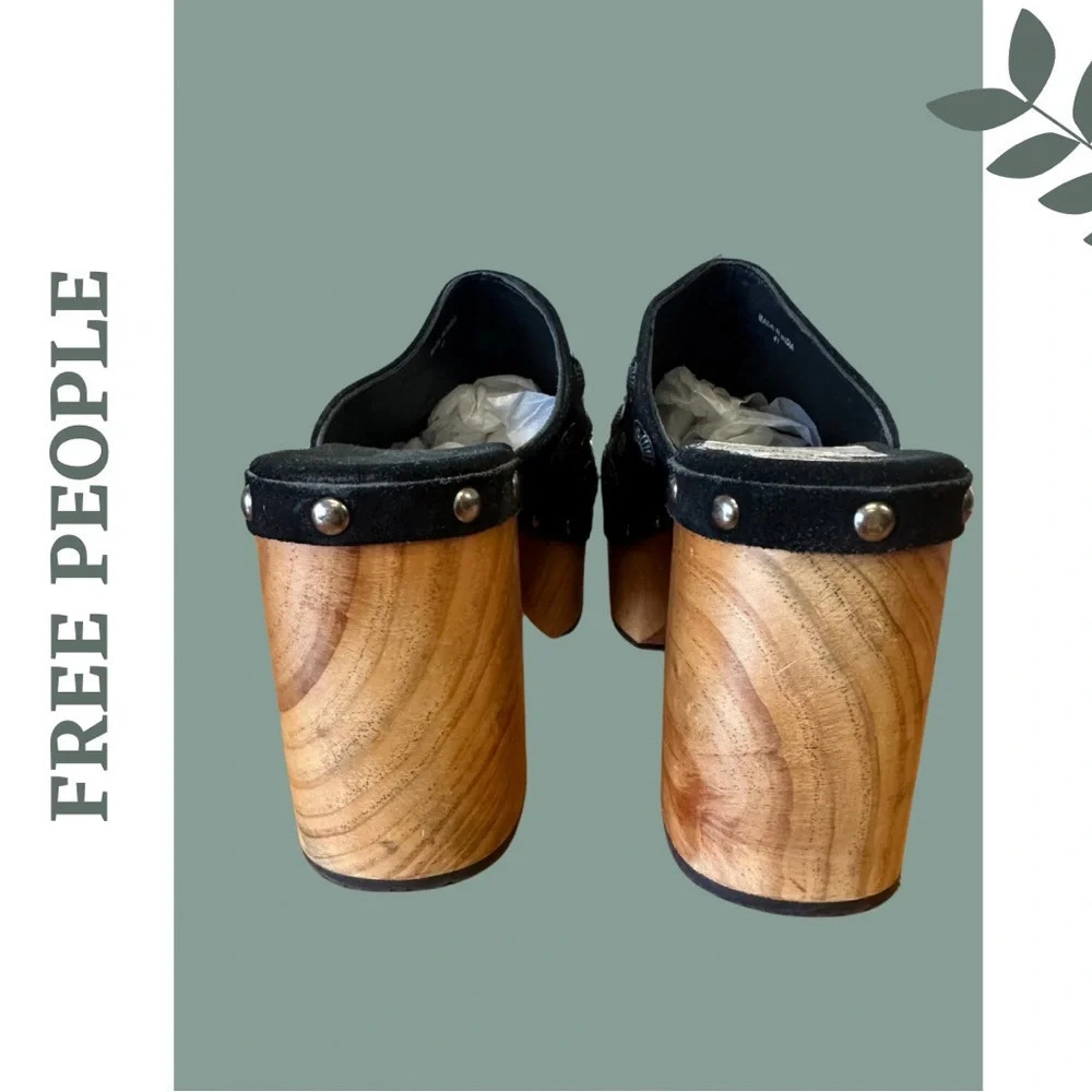 Free People Claudia Wooden Platform Clogs Black Suede Metal Detail Size 41 - Picture 5 of 7